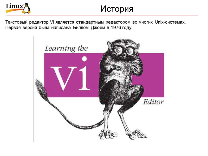 История Текстовый редактор Vi является стандартным редактором во многих Unix-системах. Первая версия была написана
